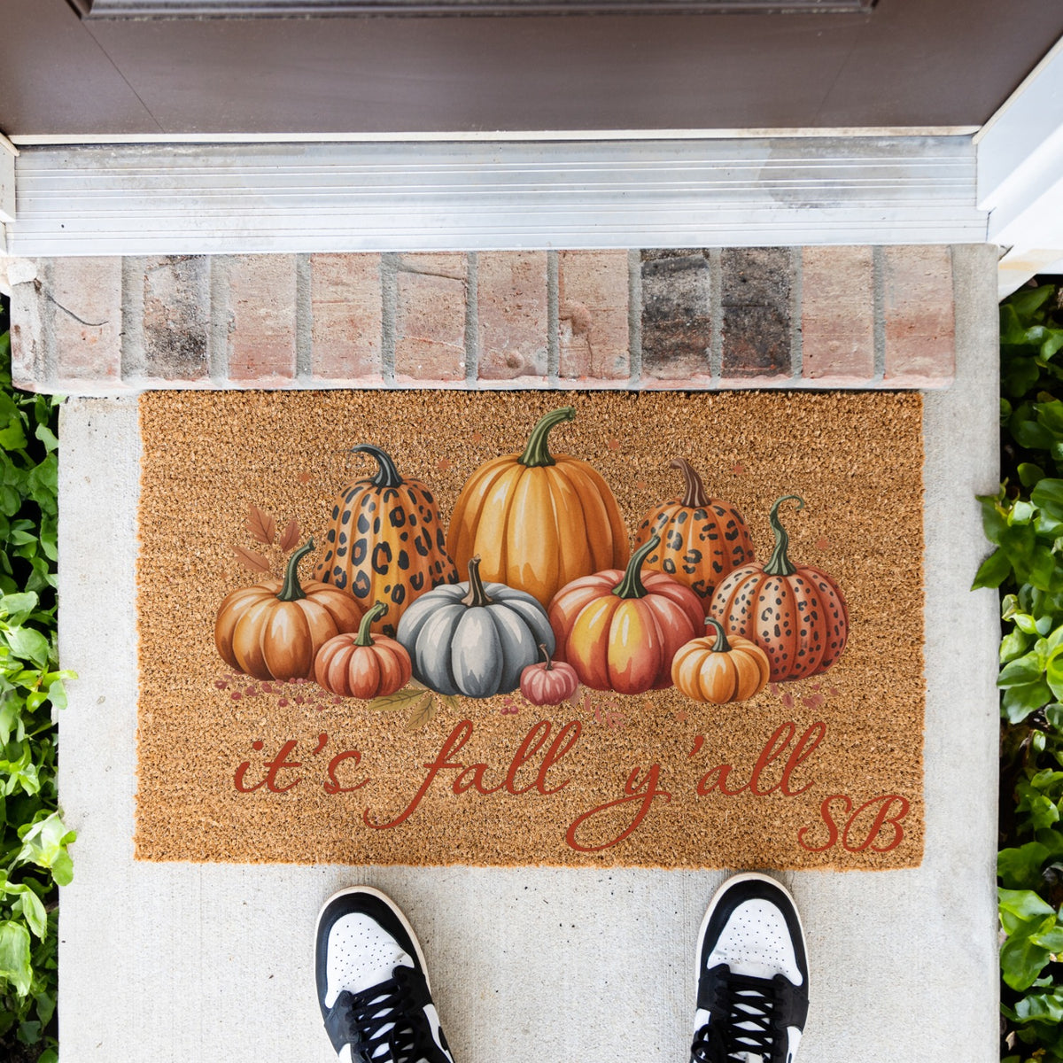 It's fall y'all Leopard Pumpkins Initials UV Printed Doormat