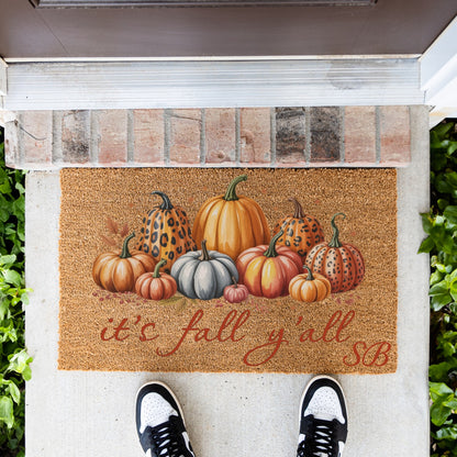 It's fall y'all Leopard Pumpkins Initials UV Printed Doormat