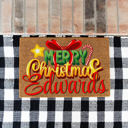 Merry Christmas Bow Star Cane Name Doormat