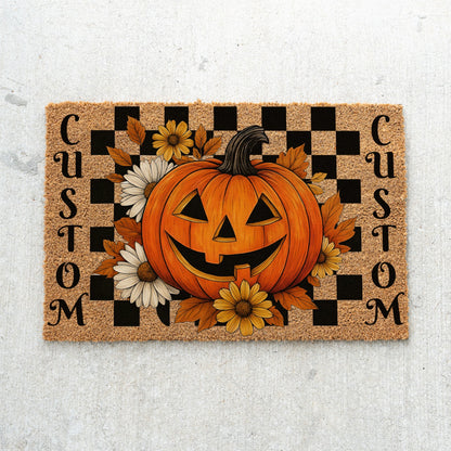 Checkered Pumpkin Flowers Names Doormat