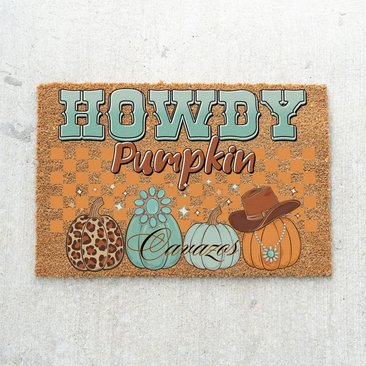 Checkered Howdy Pumpkin Name Doormat