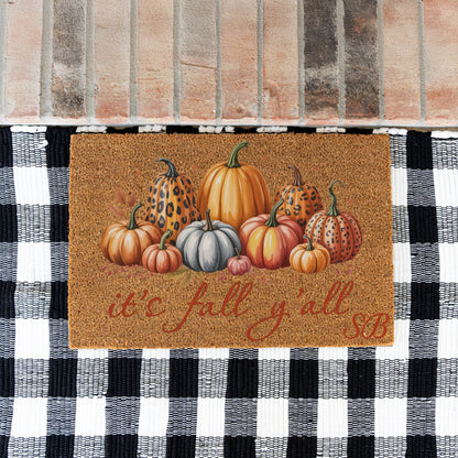 It's fall y'all Leopard Pumpkins Initials UV Printed Doormat