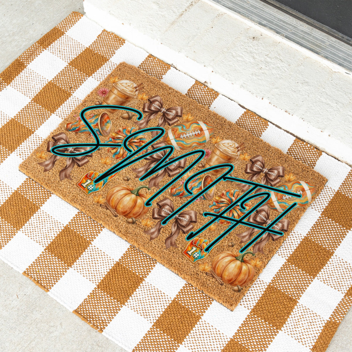 Fall Football Bows Name UV Printed Doormat