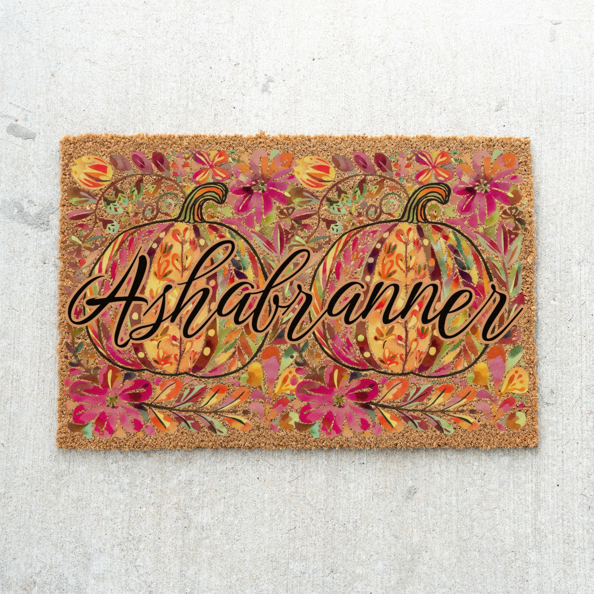 Pink/Orange Floral Pumpkins Name Doormat