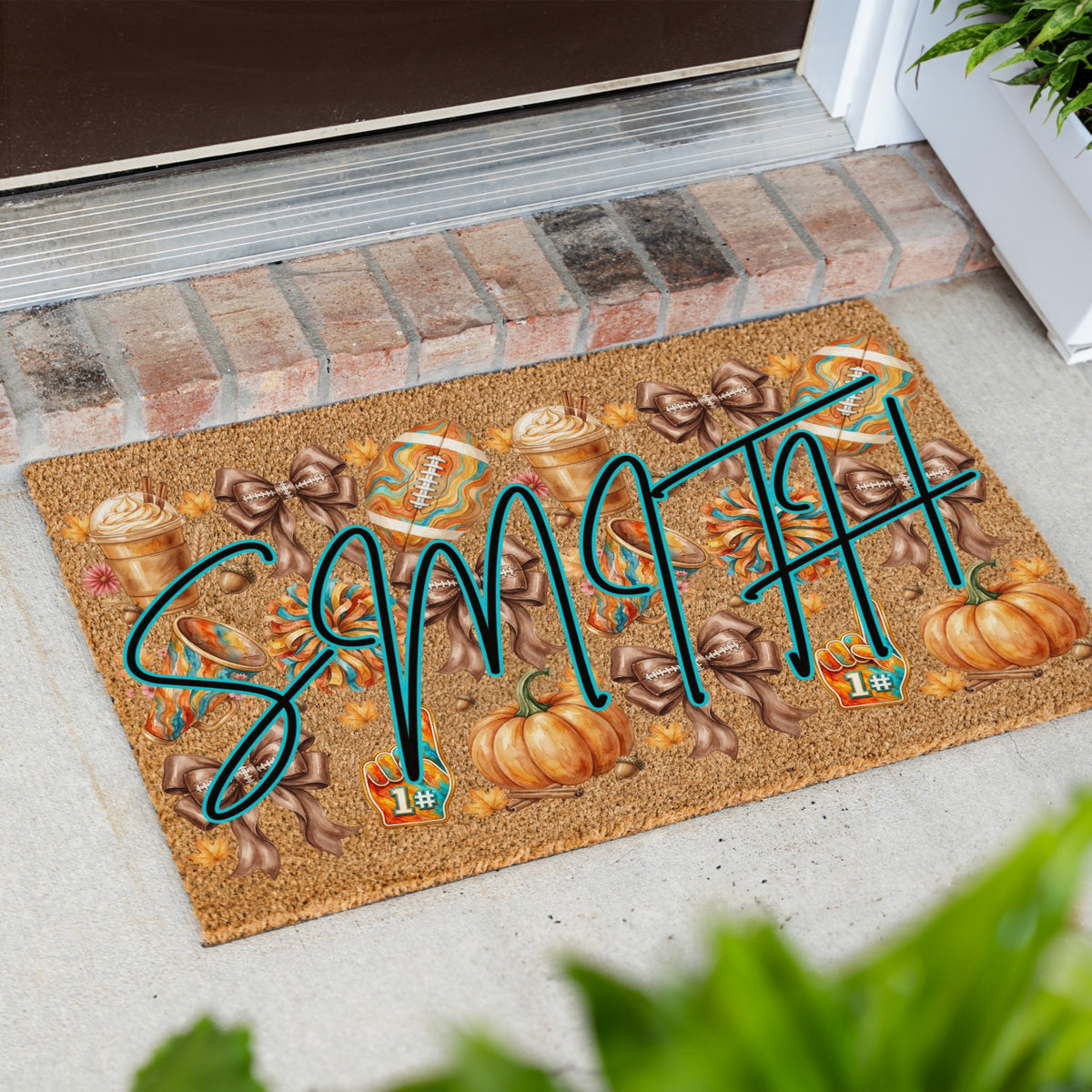 Fall Football Bows Name UV Printed Doormat