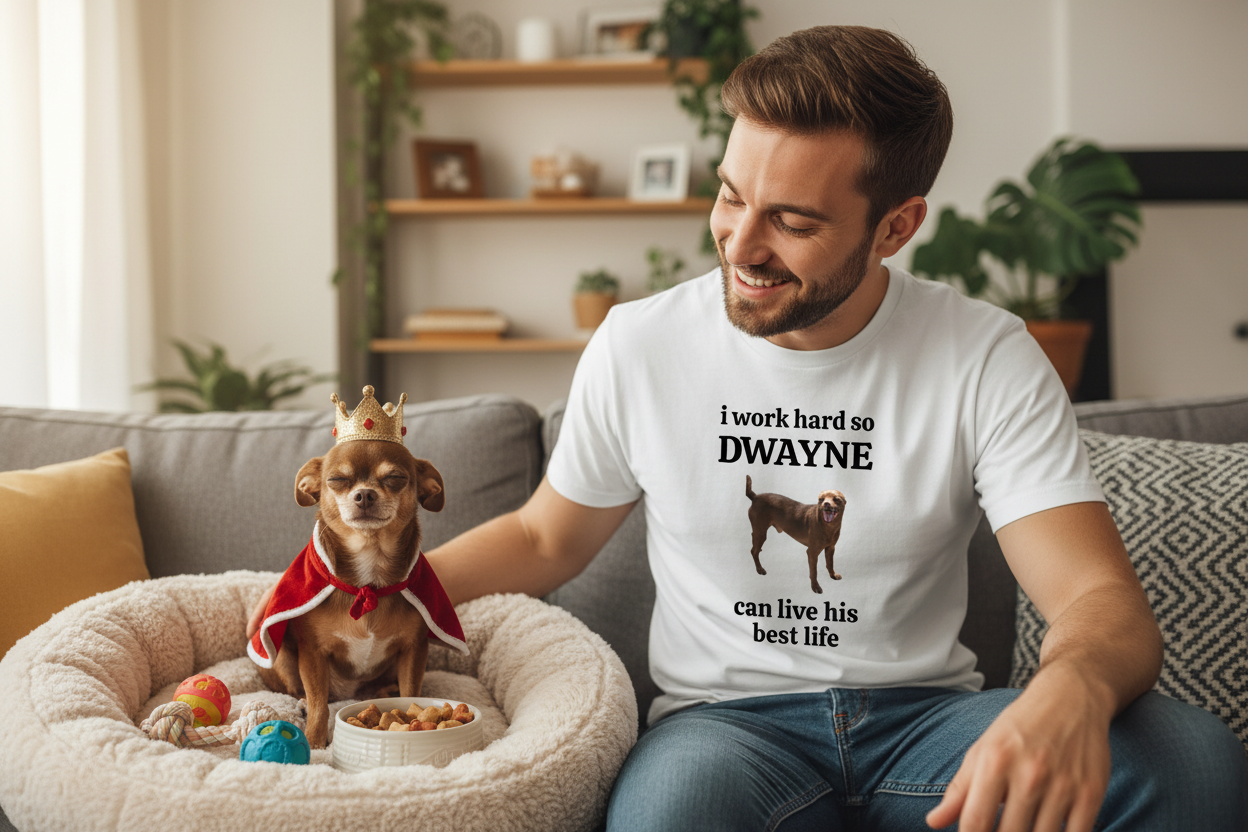 Guy wearing a white t-shirt with a humorous graphic of his pet dog and text that says "i work hard so DWAYNE can live his bes life", sitting in a room with a plant and bookshelf and the doggy is in his bed wearing a crown.