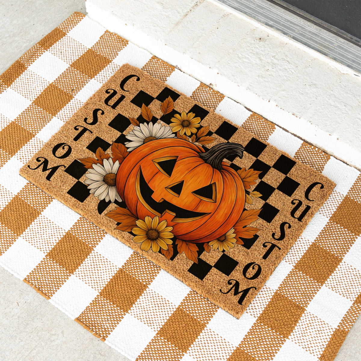 Checkered Pumpkin Flowers Names Doormat