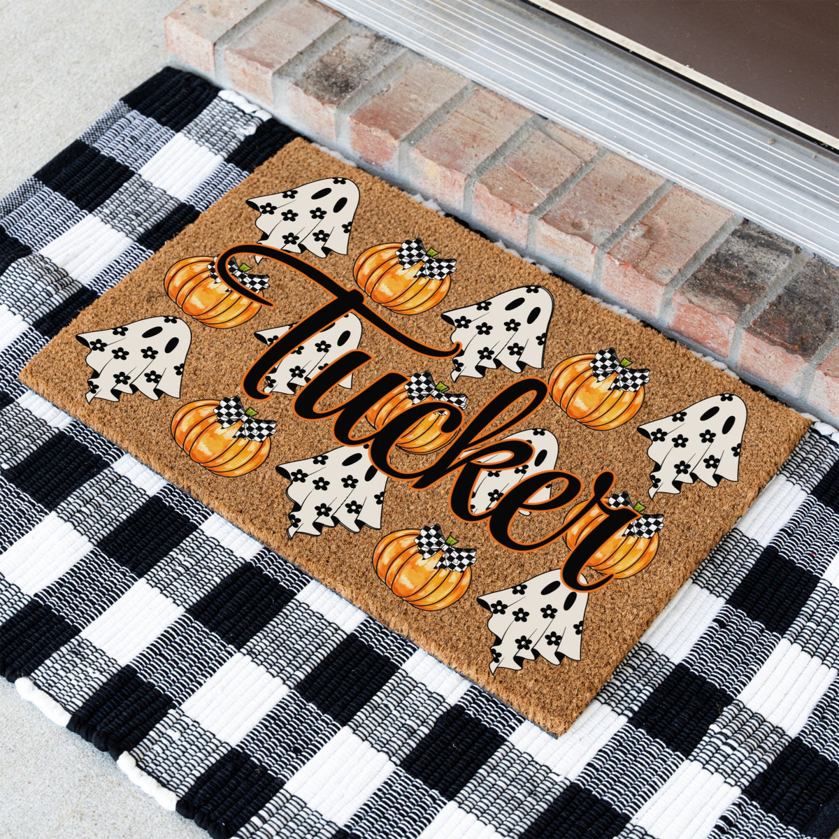 Ghosts & Bow Pumpkins Name Doormat