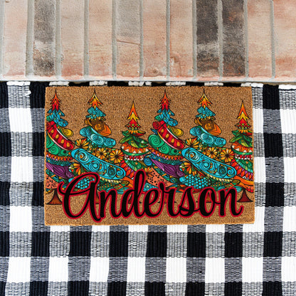 Colorful Pattern Christmas Trees Name Doormat