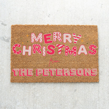 Merry Christmas Pink Name Doormat