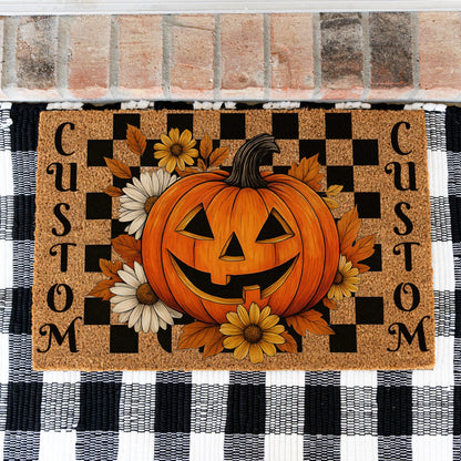 Checkered Pumpkin Flowers Names Doormat