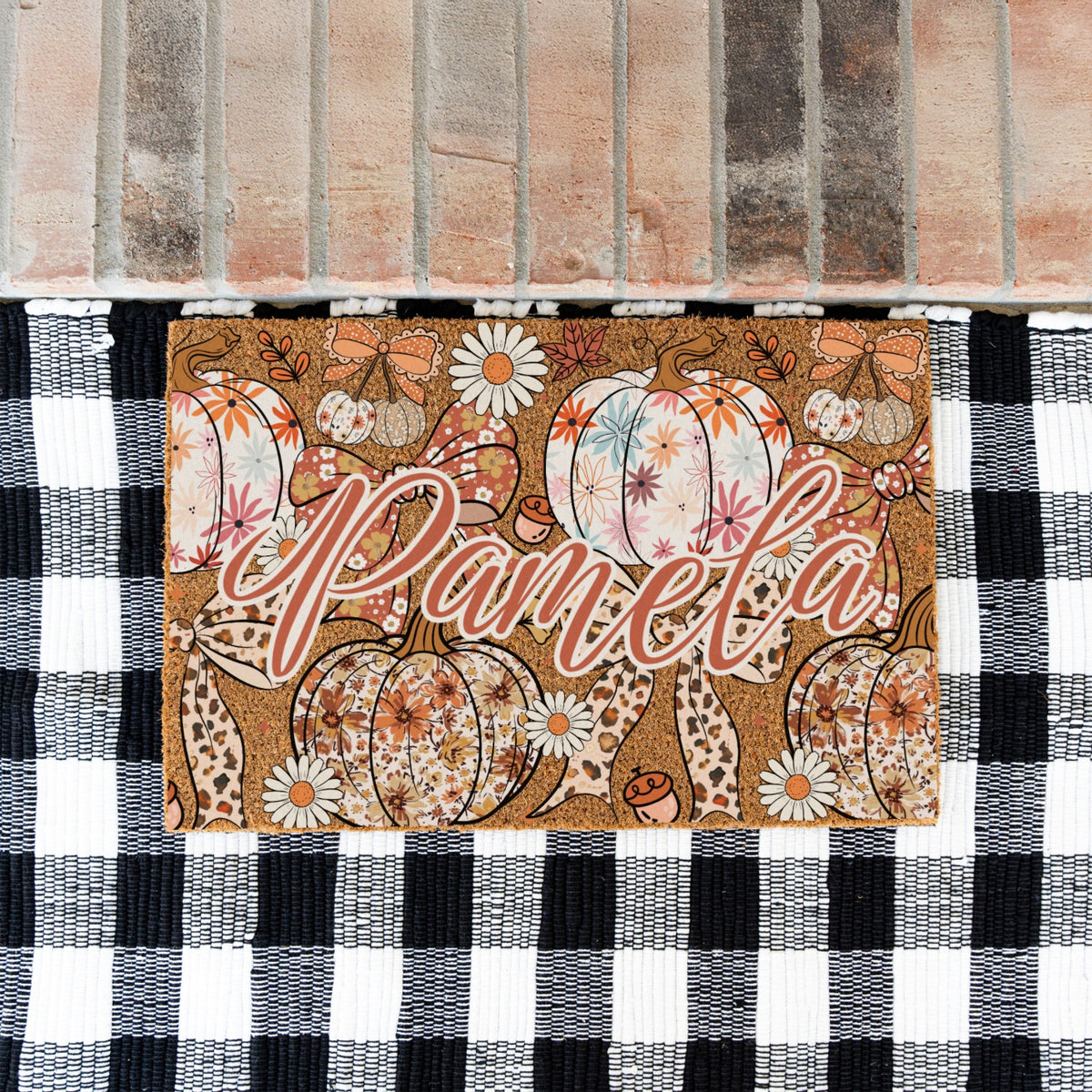 Pastel Pumkins Bows & Daisies Name Doormat