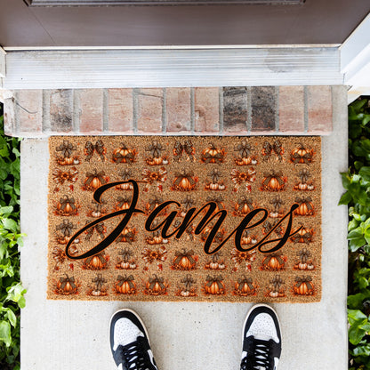 Pumpkins & Bows Name UV Printed Doormat