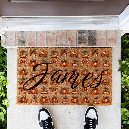 Pumpkins & Bows Name UV Printed Doormat