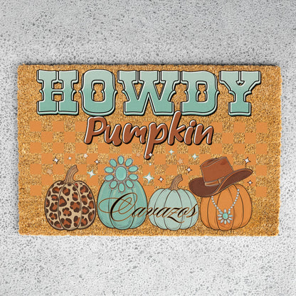 Checkered Howdy Pumpkin Name Doormat