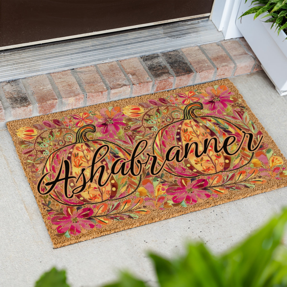 Pink/Orange Floral Pumpkins Name Doormat
