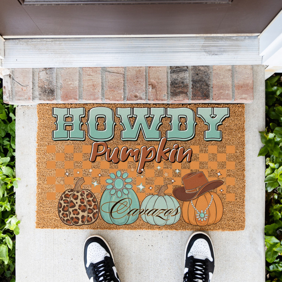 Checkered Howdy Pumpkin Name Doormat