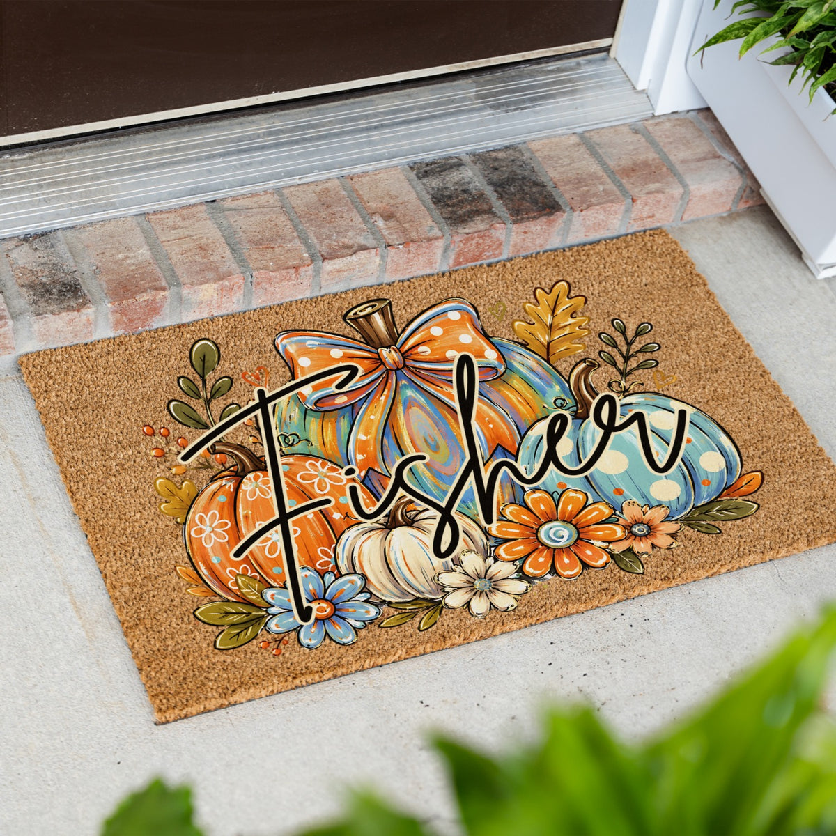 Colorful Pumpkins Name UV Printed Doormat