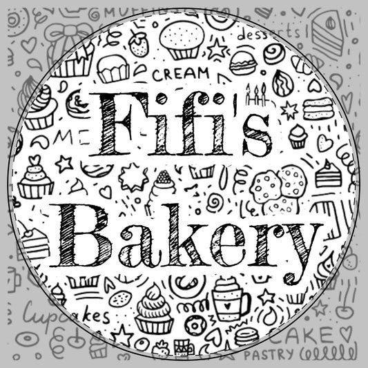 A circular black-and-white bakery-themed graphic with the words “Fifi’s Bakery” in large hand-drawn letters, surrounded by doodles of cupcakes, cookies, pastries, desserts, and bakery items on a white background to be on a cutting board.
