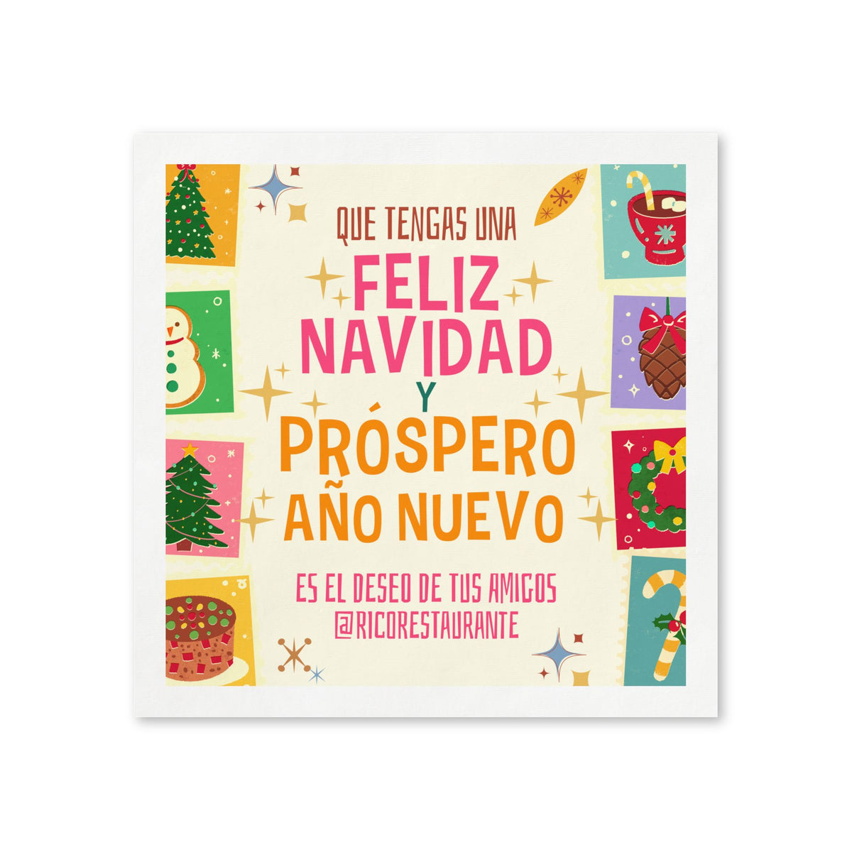 A square white napkin featuring festive Christmas-themed illustrations and Spanish text that reads 'Que tengas una feliz Navidad y próspero año nuevo' with '@ricorestante' at the bottom.