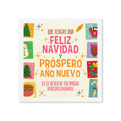 A square white napkin featuring festive Christmas-themed illustrations and Spanish text that reads 'Que tengas una feliz Navidad y próspero año nuevo' with '@ricorestante' at the bottom.