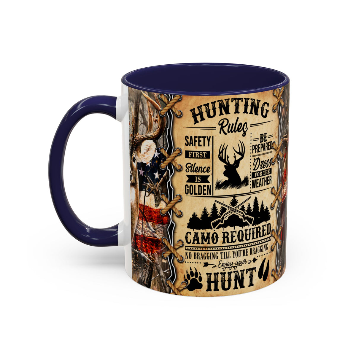 A ceramic mug with a dark blue handle and interior, featuring a detailed hunting-themed graphic print on the exterior. The print includes text like 'Hunting Rules', 'Safety First', 'Silence is Golden', and 'Camo Required' alongside illustrations of a deer head, crossed rifles, a bear paw print on a tan background.