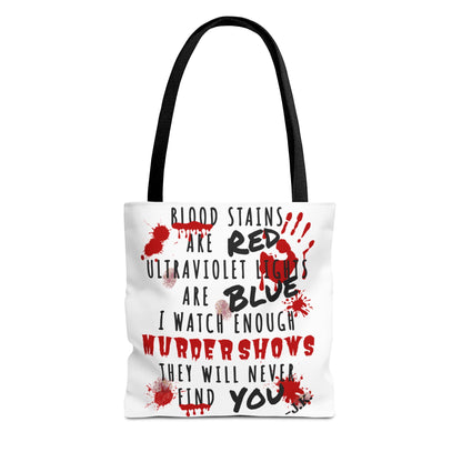 A white tote bag with black handles, featuring a horror-themed graphic print with red blood splatters and black and red text.