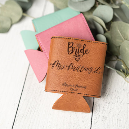 A personalized tan leather can cooler with the custom words 'Bride Mrs. Brittany L.