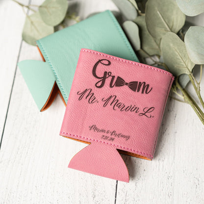 A pink textured leather can holder with a bowtie-shaped groom graphic, laser engraved with custom 'Mr. Marvin L.