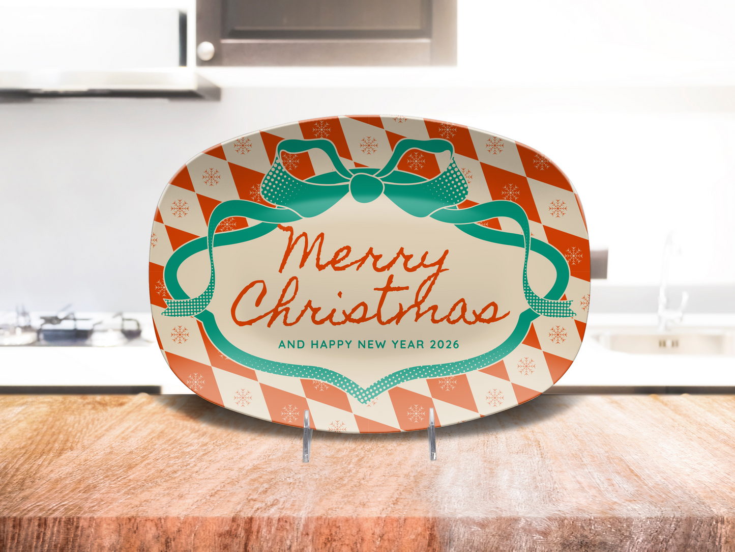 Red Diamonds & Bow Christmas & New Year Name Platter