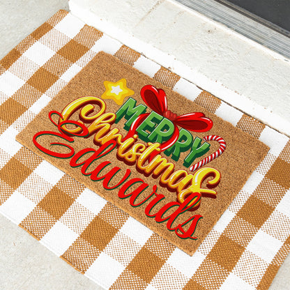Merry Christmas Bow Star Cane Name Doormat