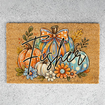 Colorful Pumpkins Name UV Printed Doormat