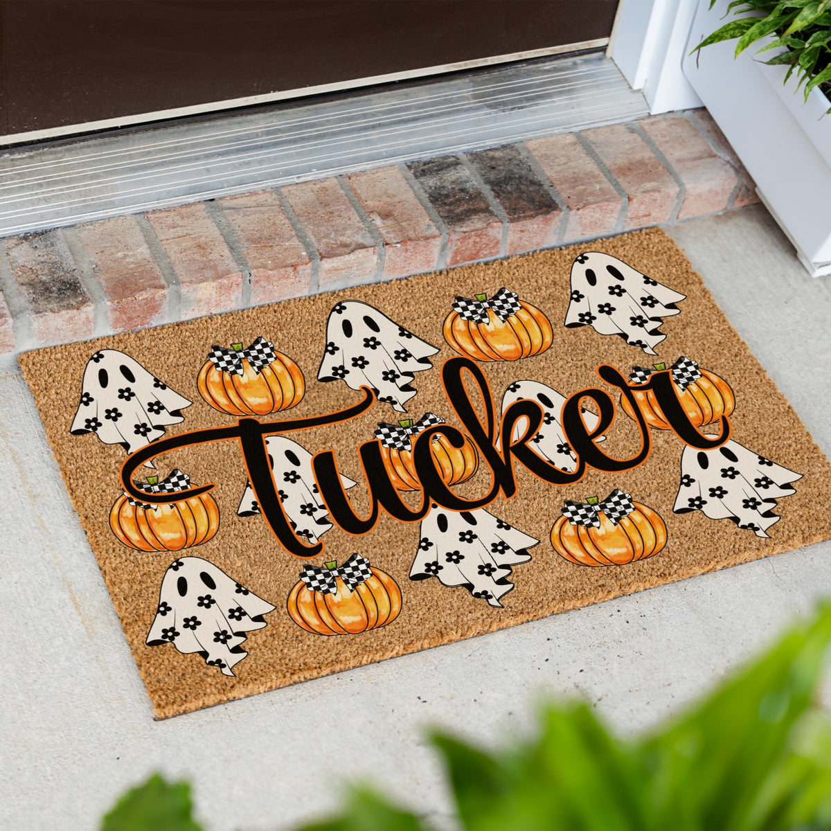 Ghosts & Bow Pumpkins Name Doormat