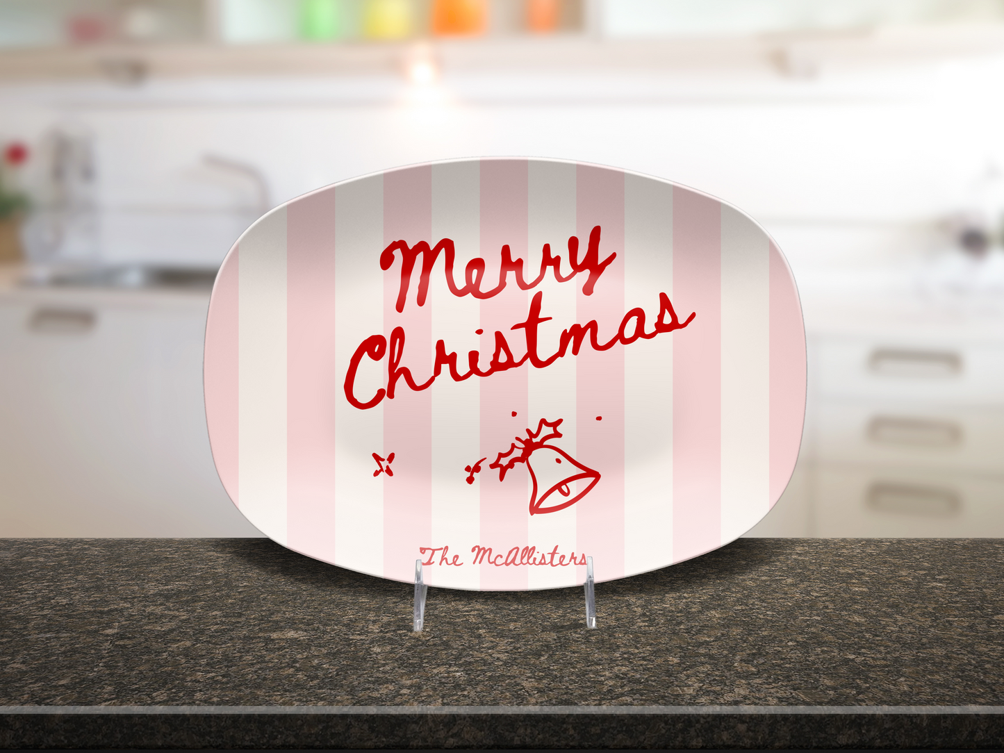 Pink Stripes Merry Christmas Name Platter