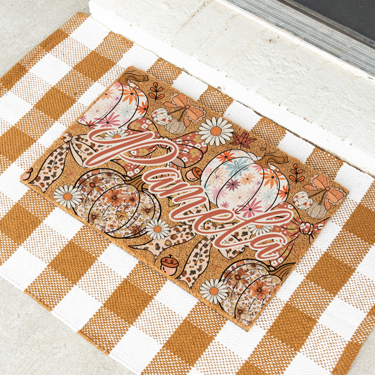 Pastel Pumkins Bows & Daisies Name Doormat