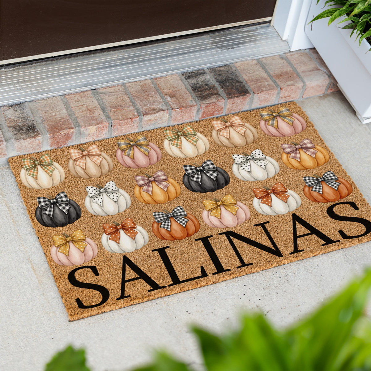 Black & Pastel Pumpkins Name UV Printed Doormat