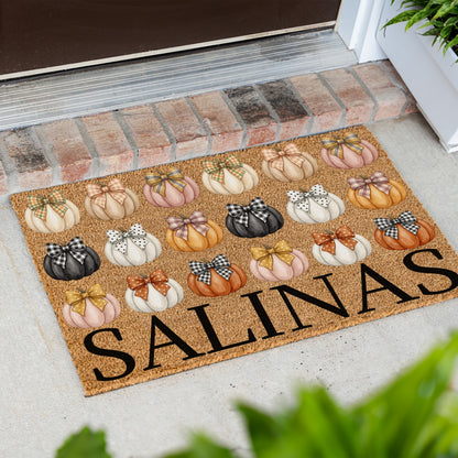 Black & Pastel Pumpkins Name UV Printed Doormat