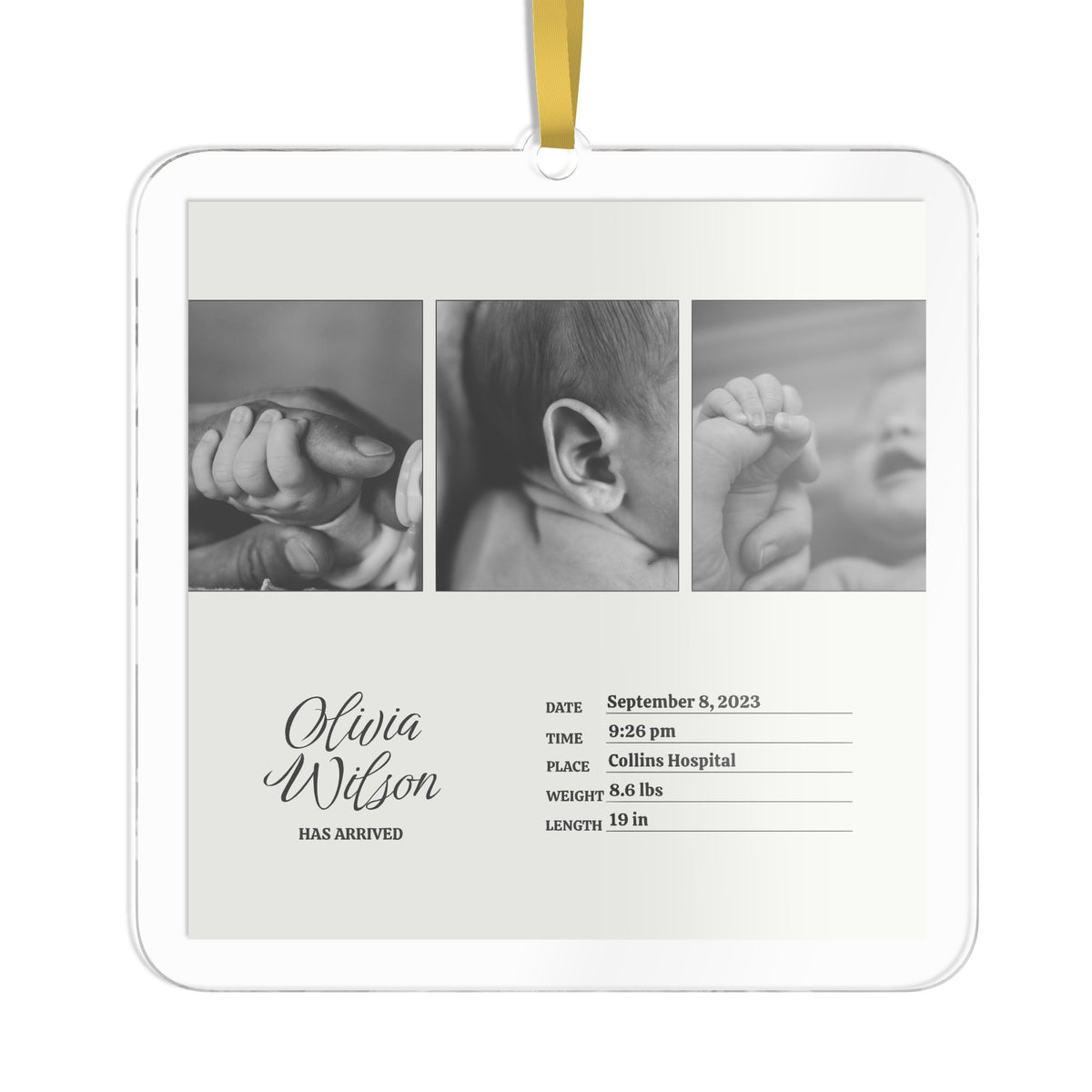 Birth Announcement Photos Name Black Beige Ornament