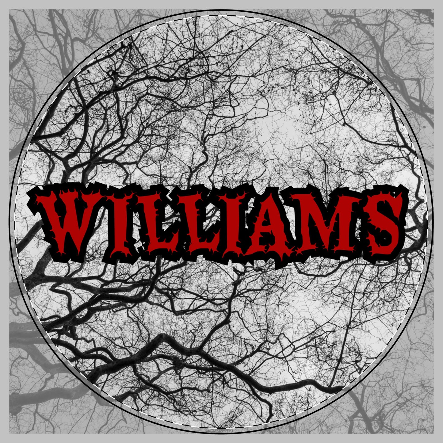 A circular graphic with the word "WILLIAMS" in large red letters outlined in black, set over a grayscale tree branch pattern on a cutting board.