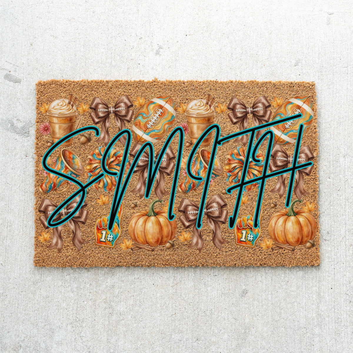 Fall Football Bows Name UV Printed Doormat