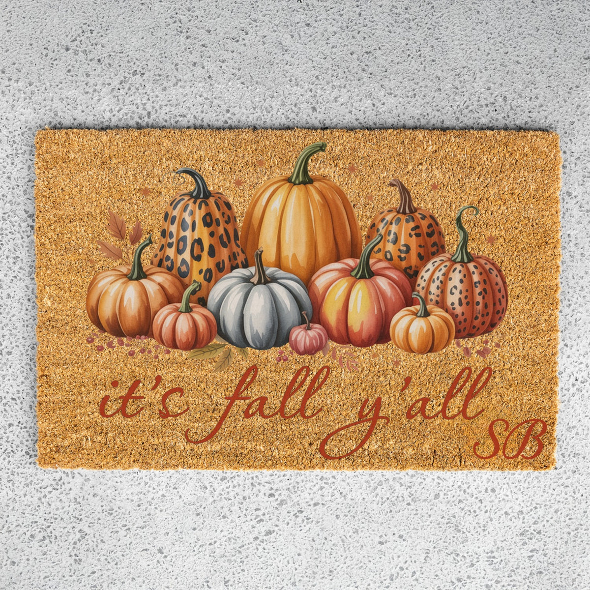 It's fall y'all Leopard Pumpkins Initials UV Printed Doormat