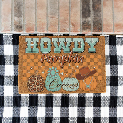 Checkered Howdy Pumpkin Name Doormat