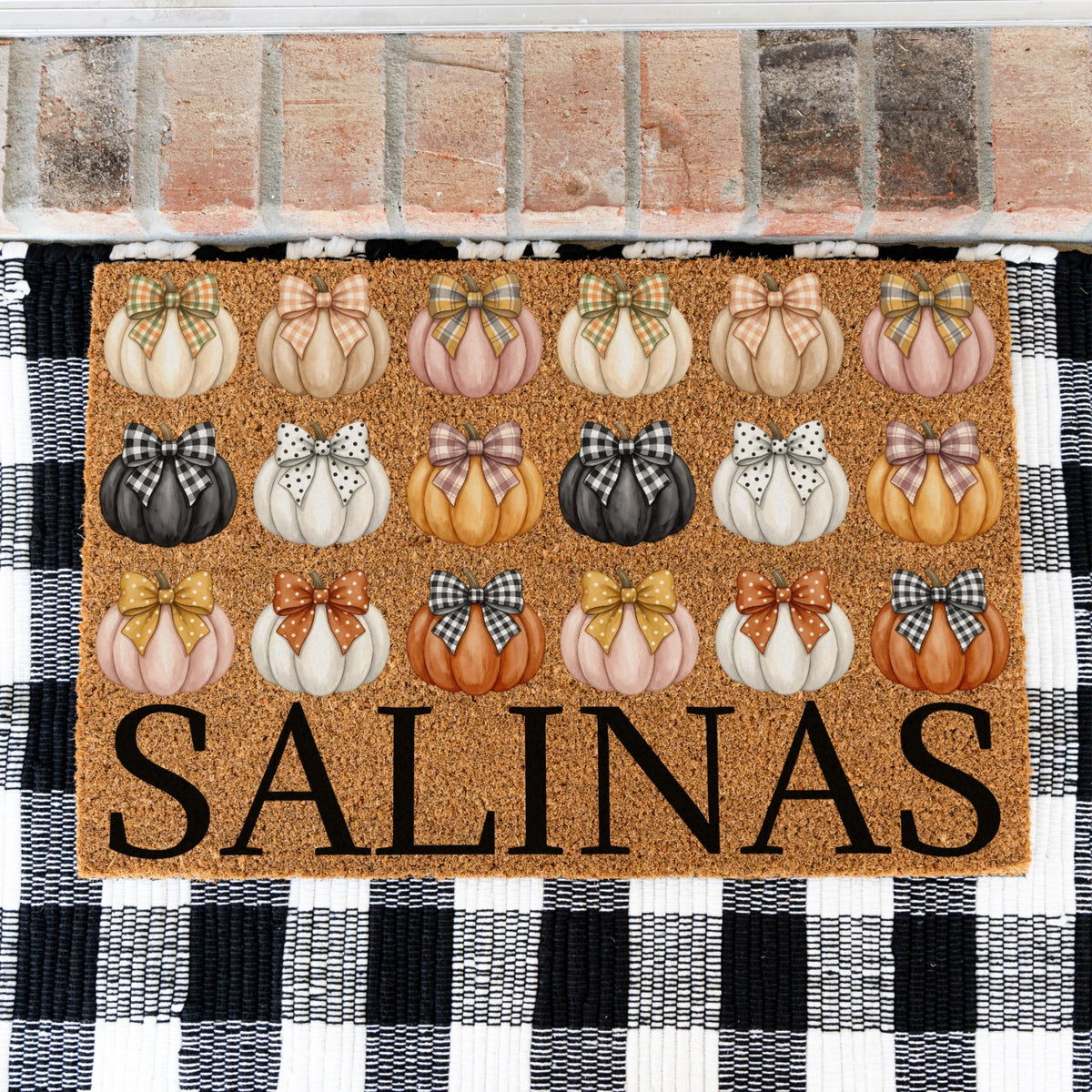 Black & Pastel Pumpkins Name UV Printed Doormat