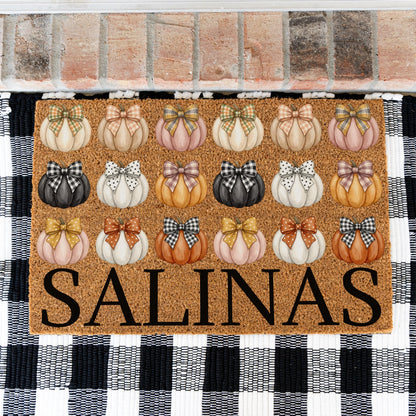Black & Pastel Pumpkins Name UV Printed Doormat