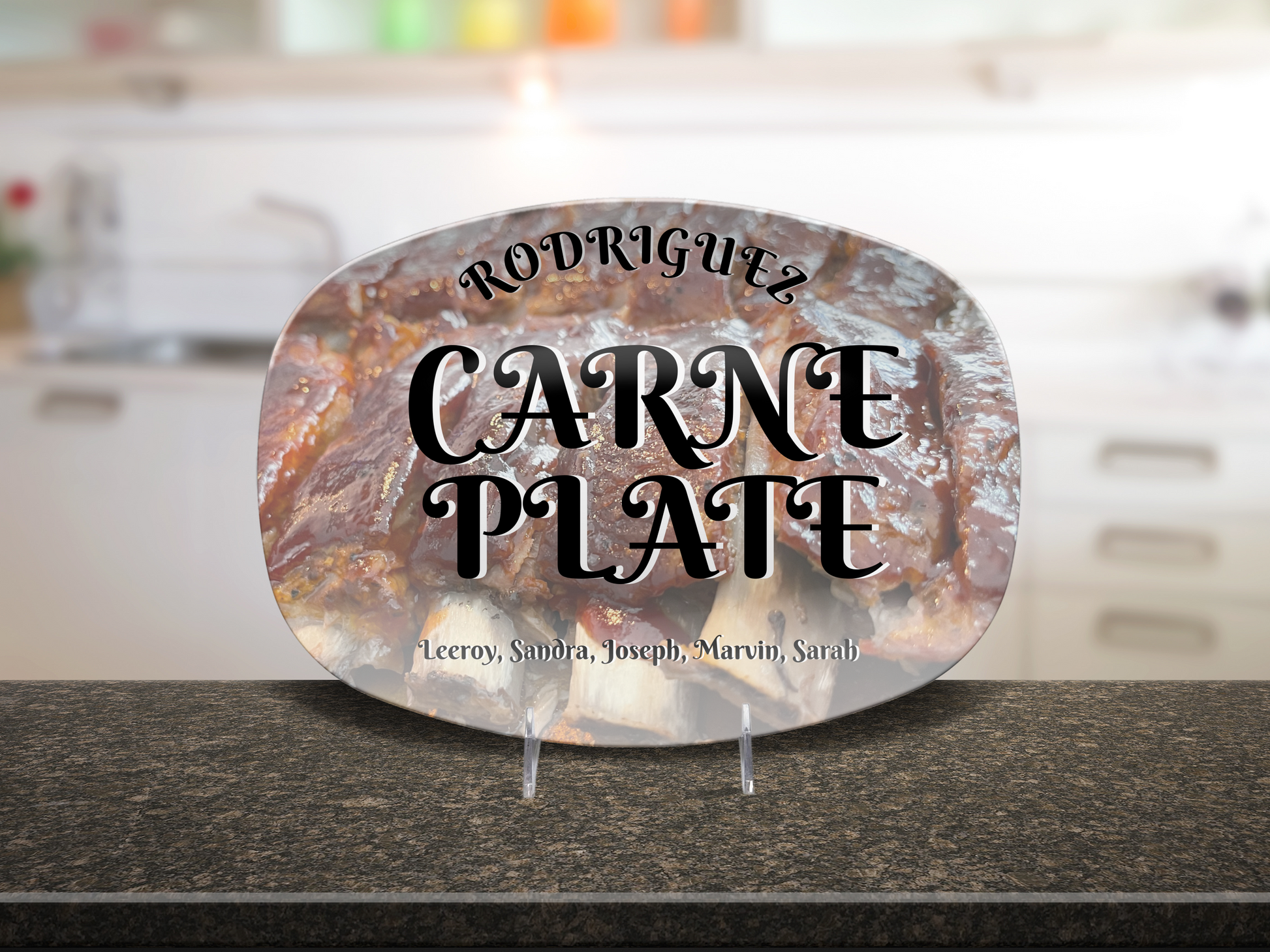 Personalized platter with 'Rodriguez Carne Plate and family member names' on a kitchen counter