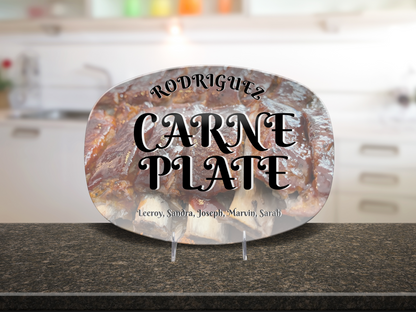 Personalized platter with 'Rodriguez Carne Plate and family member names' on a kitchen counter