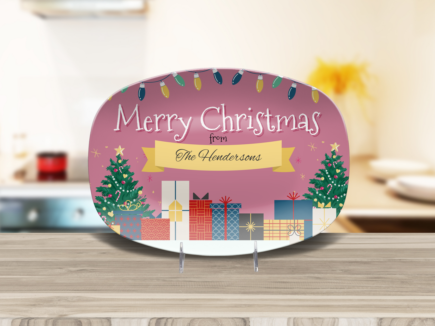 Pink Gifts on Snow Merry Christmas Name Platter
