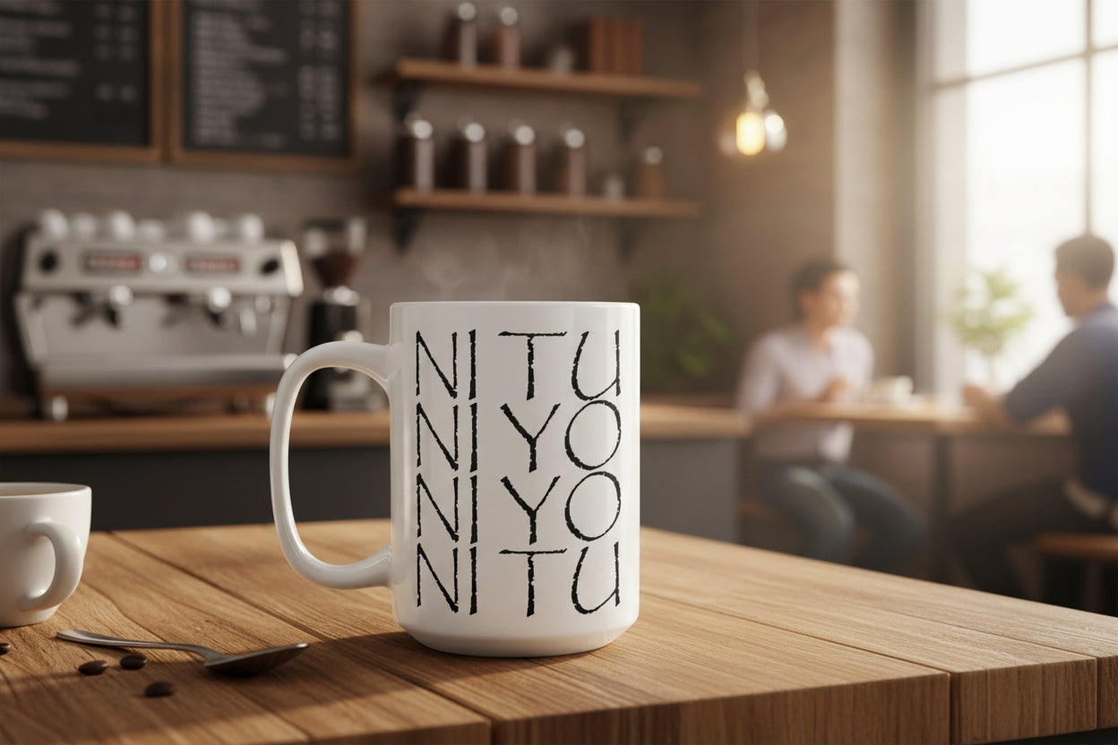 White mug with black text that says ni tu ni yo on a table in a coffee shop