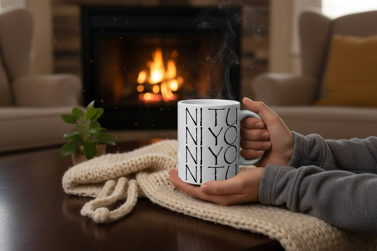 White mug with black text that says ni tu ni yo in someones hand in their cozy home