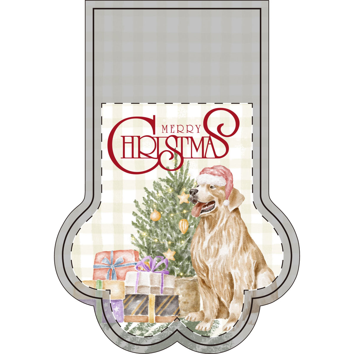 Beige Plaid Santa Pet Photo Name Stocking (Paw)